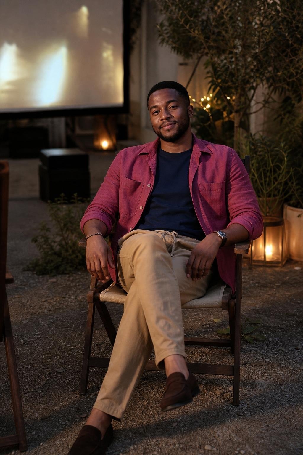 Raspberry linen overshirt, navy T-shirt, tan drawstring trousers, open-air summer cinema (option 2)