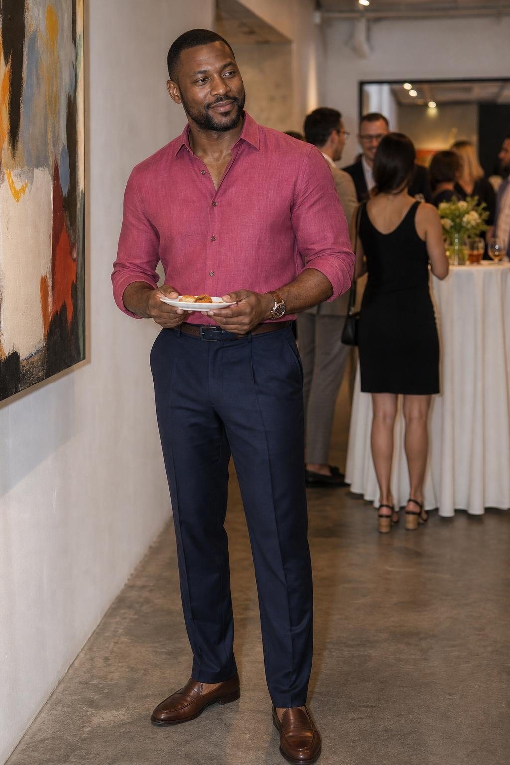 Raspberry linen shirt, navy dress pants, brown loafers, lively gallery-style work reception (option 1)