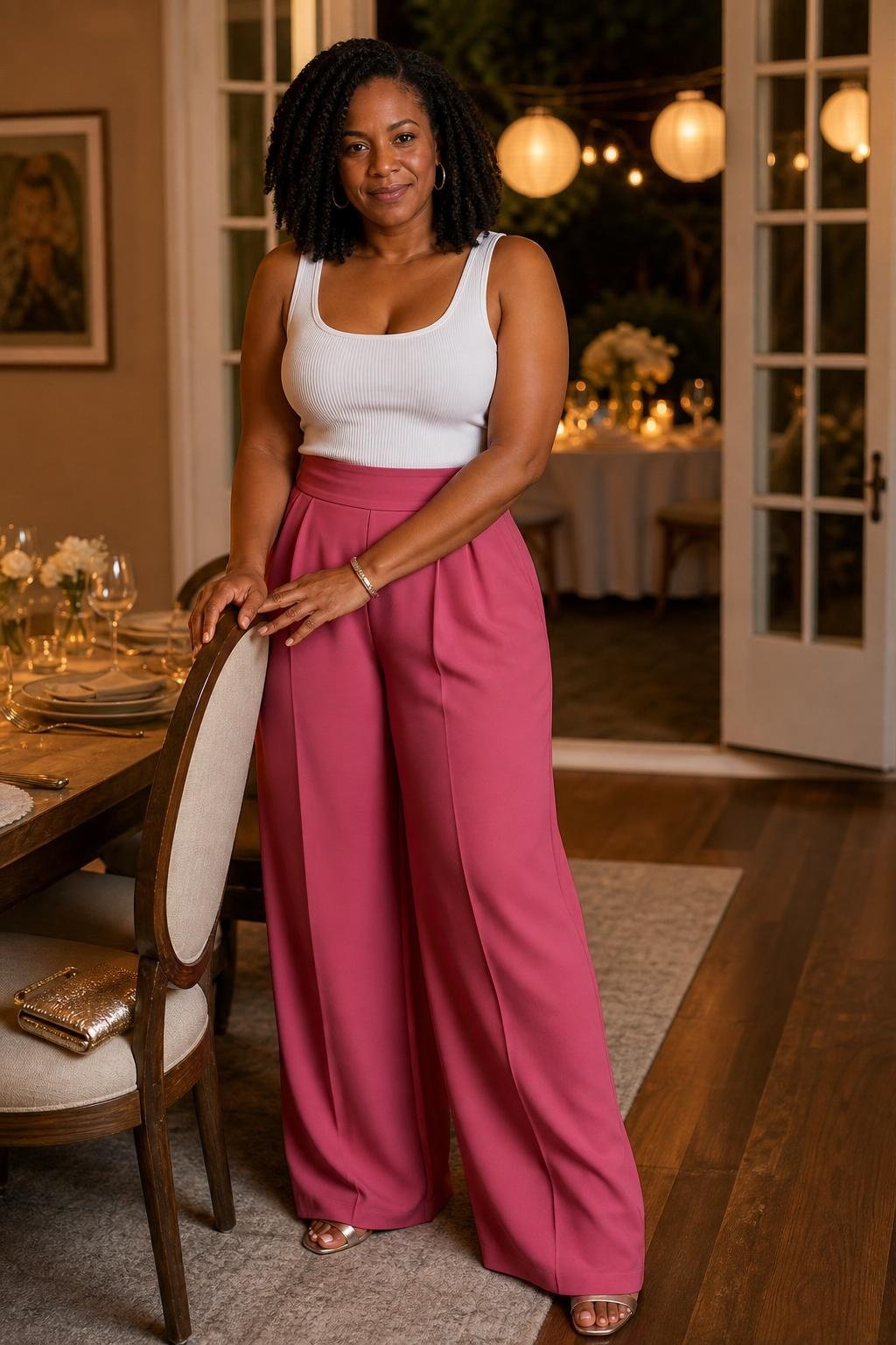 Raspberry wide-leg pants, clean white tank, metallic flat sandals, outdoor dinner table with lanterns (option 1)