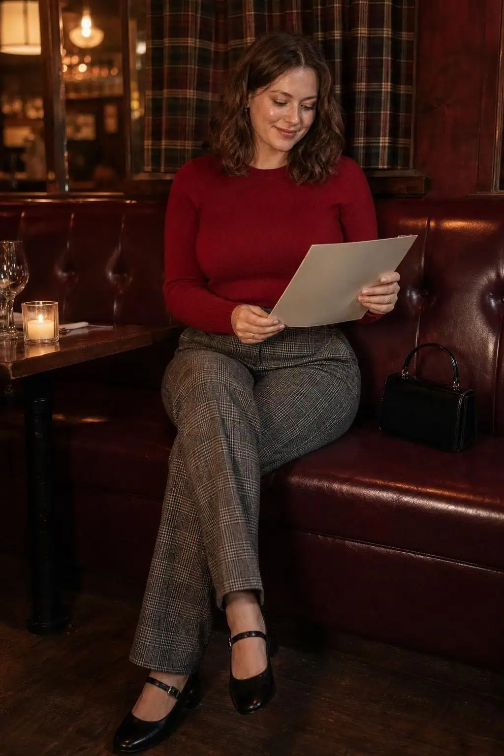 Red crewneck sweater with gray plaid trousers, black Mary Janes, compact handbag, cozy restaurant booth (option 2)