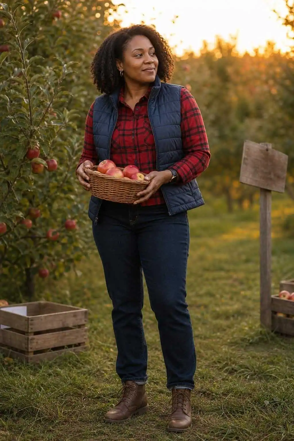 Red flannel shirt, navy puffer vest, dark straight jeans, lace-up boots at an apple orchard (option 1)