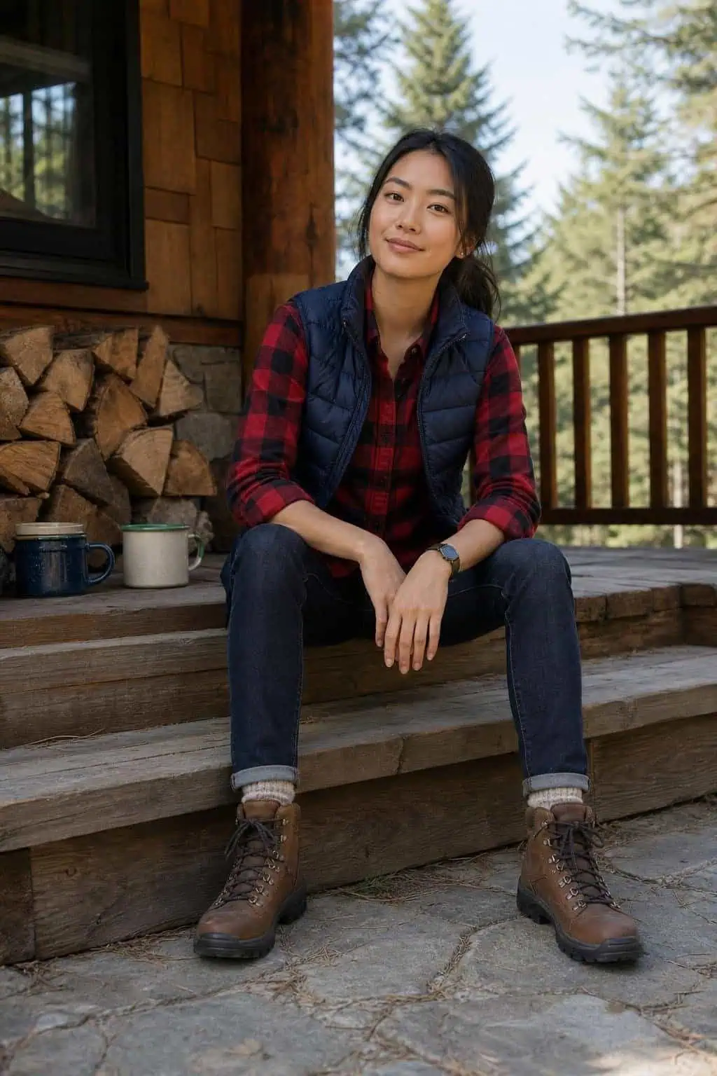 Red flannel shirt, navy puffer vest, slim dark jeans, hiking boots, cabin porch morning (option 2)