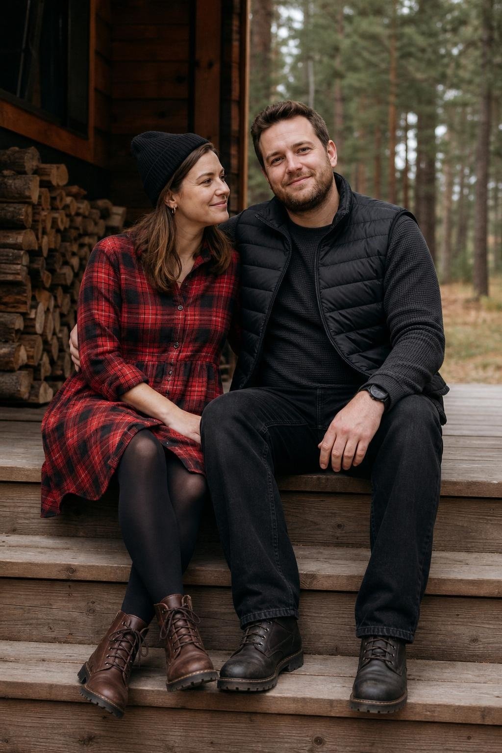 red plaid flannel dress with black puffer vest and black jeans beside a cabin porch (option 2)