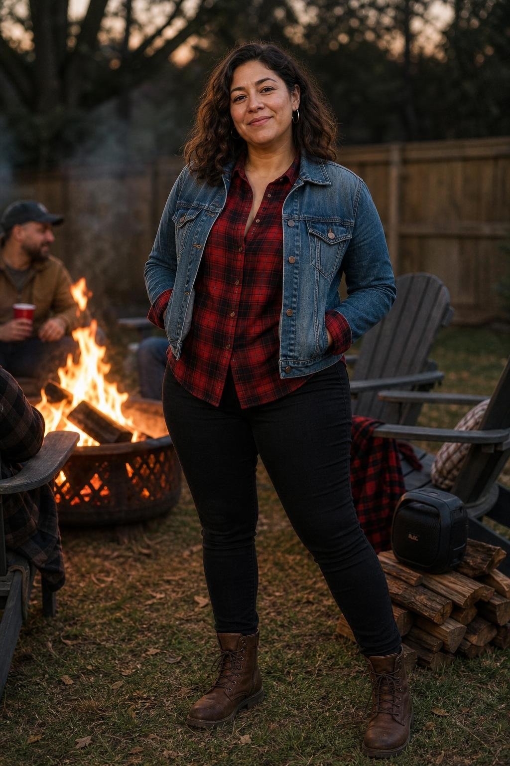 Red plaid flannel, medium denim jacket, black skinny jeans, brown lace-up boots, bonfire tailgate scene (option 1)