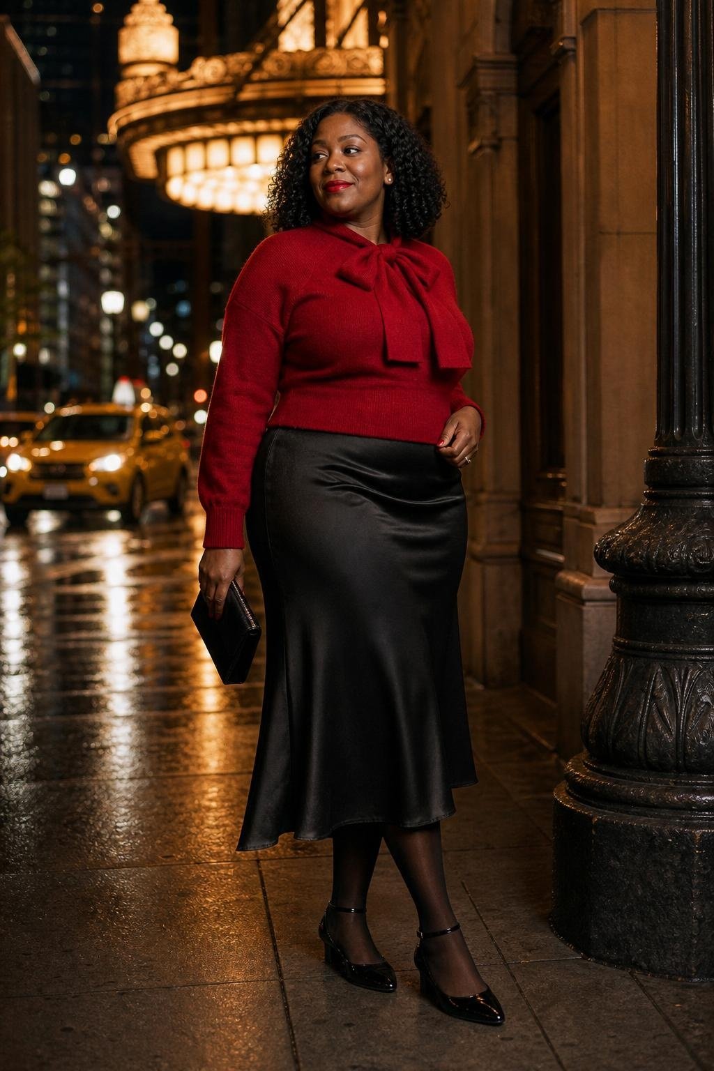 Red sweater with bow detail, black satin midi skirt, ankle-strap flats, red lip, moody city sidewalk (option 1)