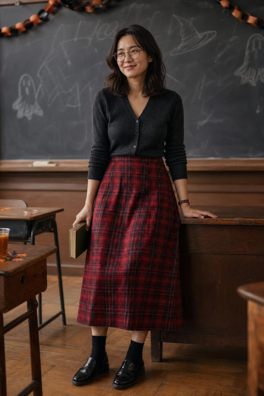 Red tartan midi skirt, charcoal cardigan, loafers, vintage classroom Halloween party (option 1)