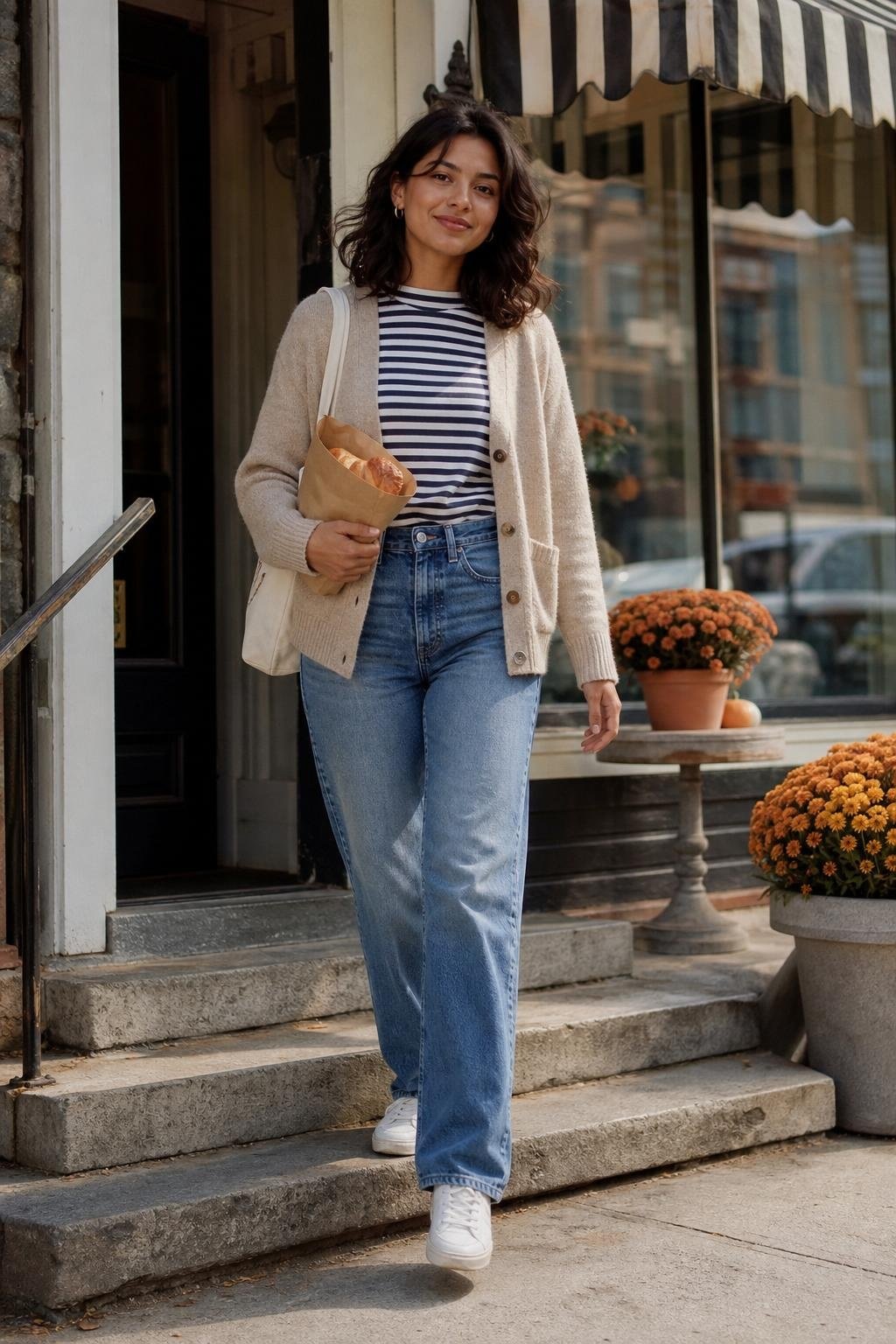 Relaxed blue jeans with striped tee, cardigan, white sneakers, neighborhood bakery stop (option 1)