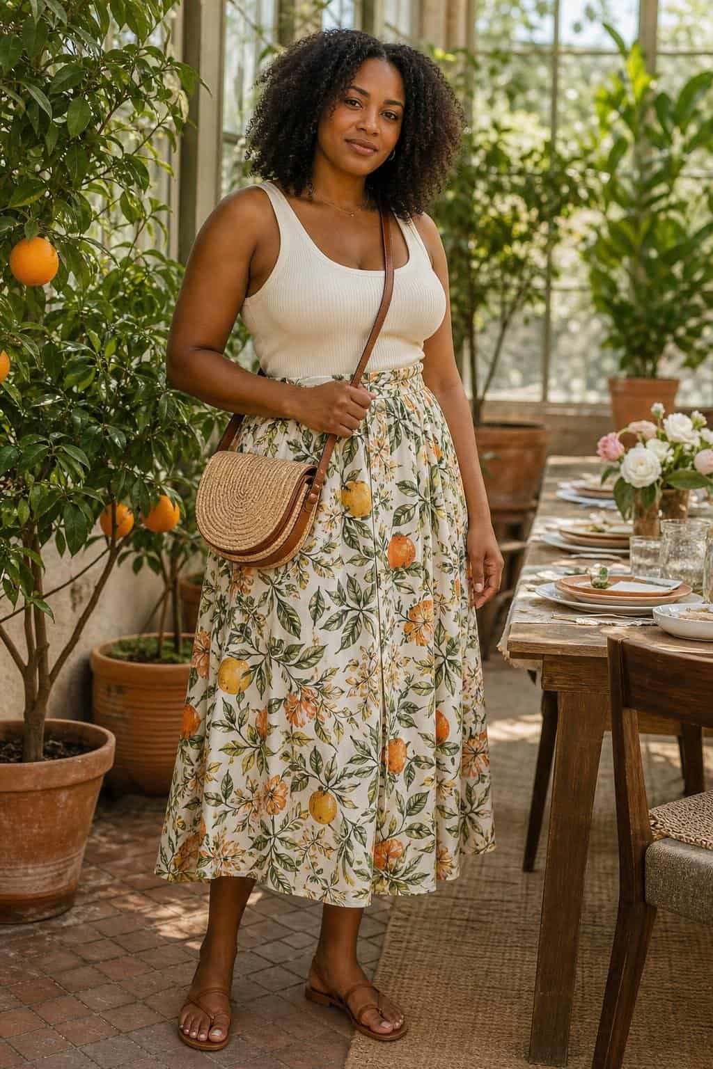 Ribbed cream tank, printed midi skirt, simple sandals, straw crossbody, garden brunch setting (option 2)