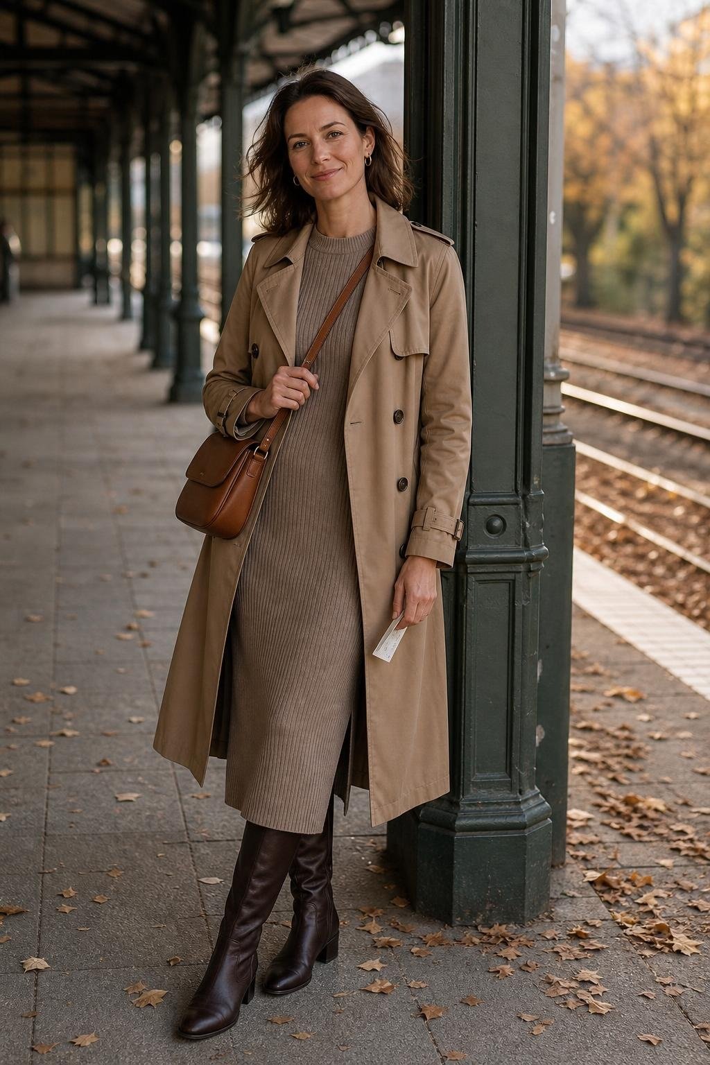 Ribbed knit midi dress with trench coat, knee-high boots, leather crossbody, train station platform (option 2)