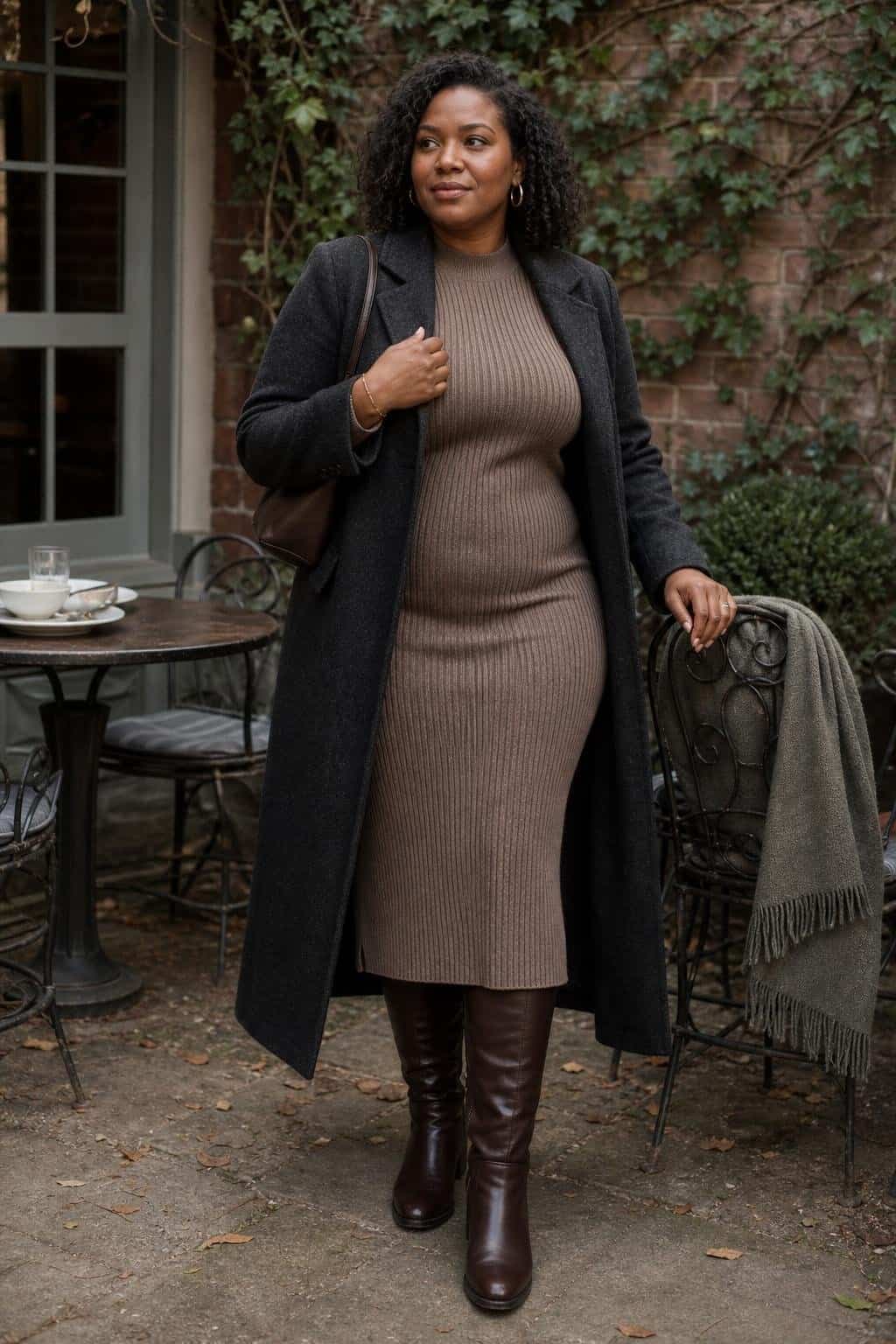 Ribbed sweater dress, knee-high leather boots, long charcoal coat, city lunch on a cool afternoon (option 1)