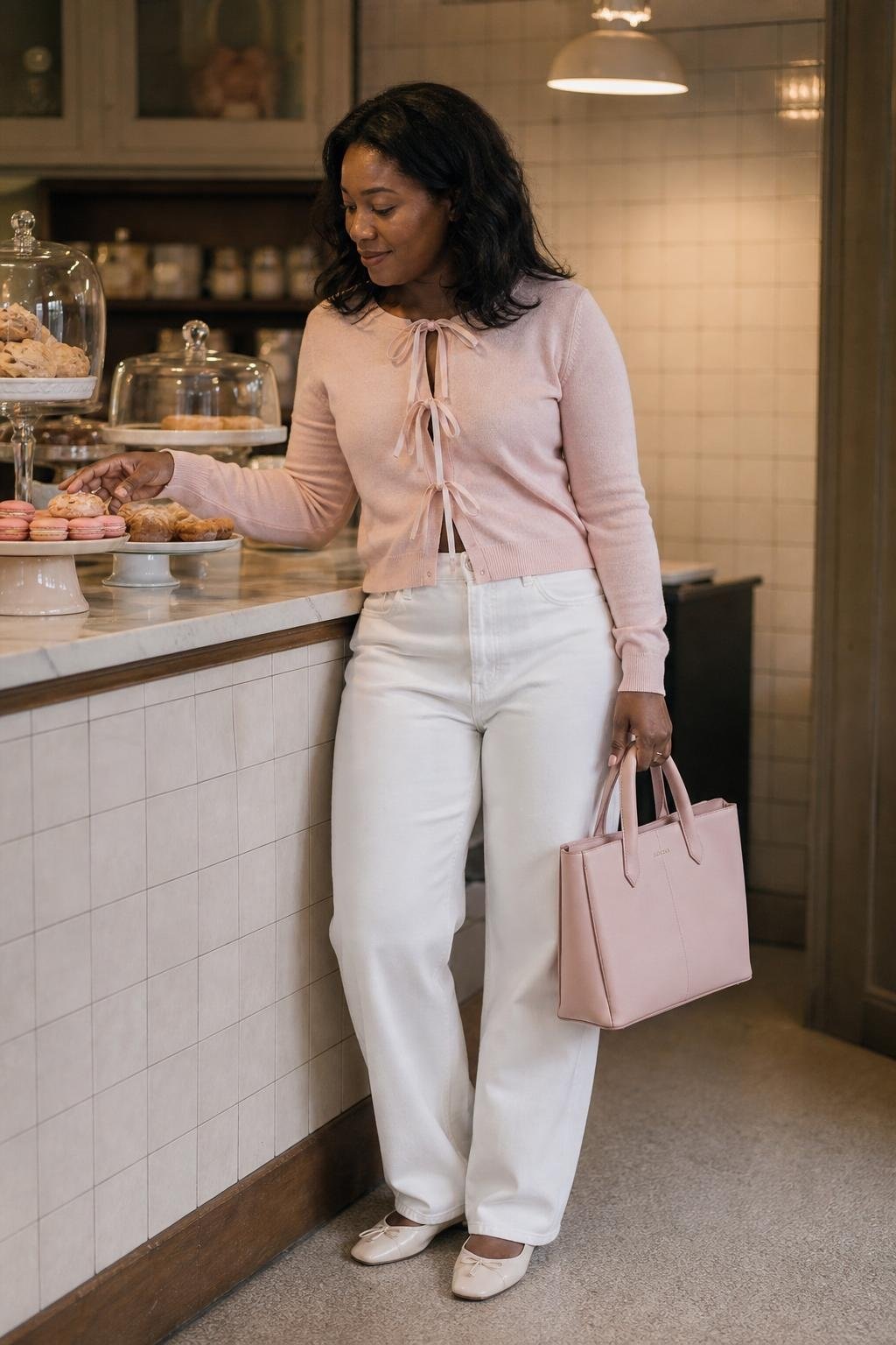 Ribbon-tie cardigan, relaxed white denim, ballet flats, soft pink tote, quiet bakery counter (option 2)