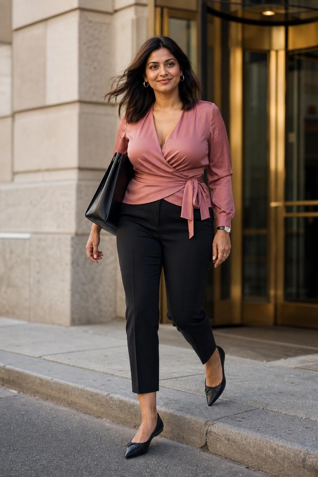 rose wrap top, cropped black cigarette pants, pointed flats, city workday sidewalk (option 1)