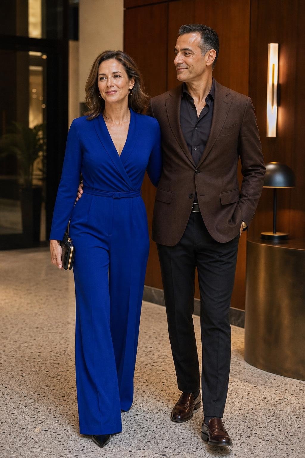 Royal blue jumpsuit with chocolate brown blazer, sleek heels, loafers, networking event lobby mood (option 1)
