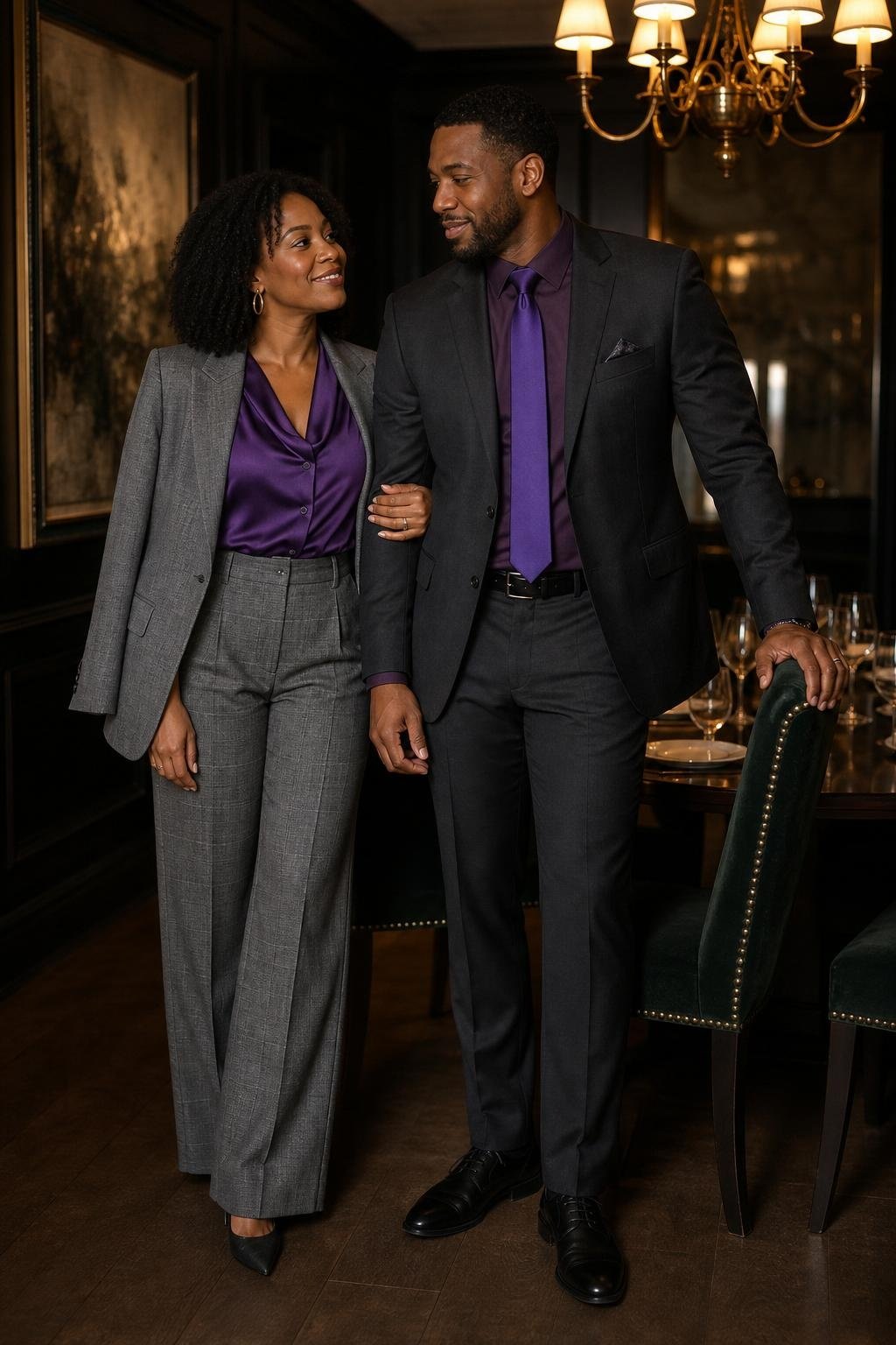 Royal purple blouse with gray checked trousers, gray blazer, purple tie and charcoal suit, refined dinner room (option 2)