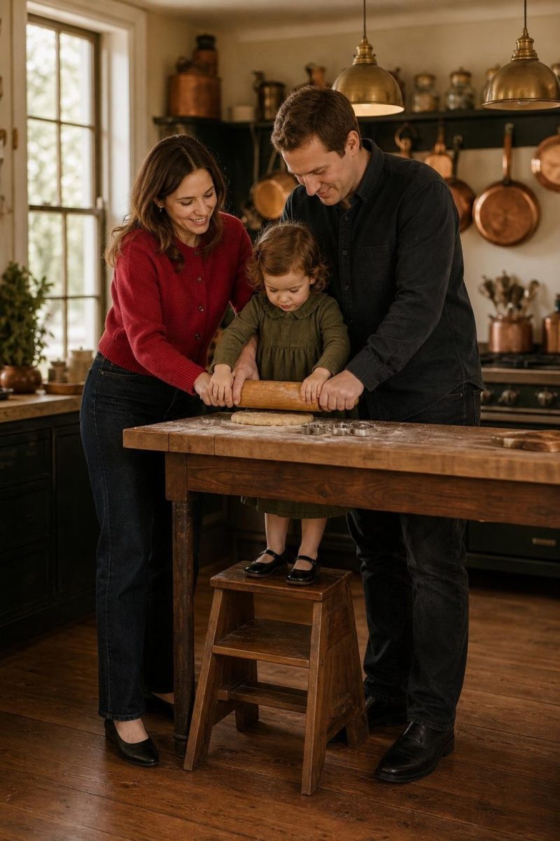 Ruby cardigan, washed black jeans, olive cotton dress, black Mary Janes in a festive kitchen scene (option 2)
