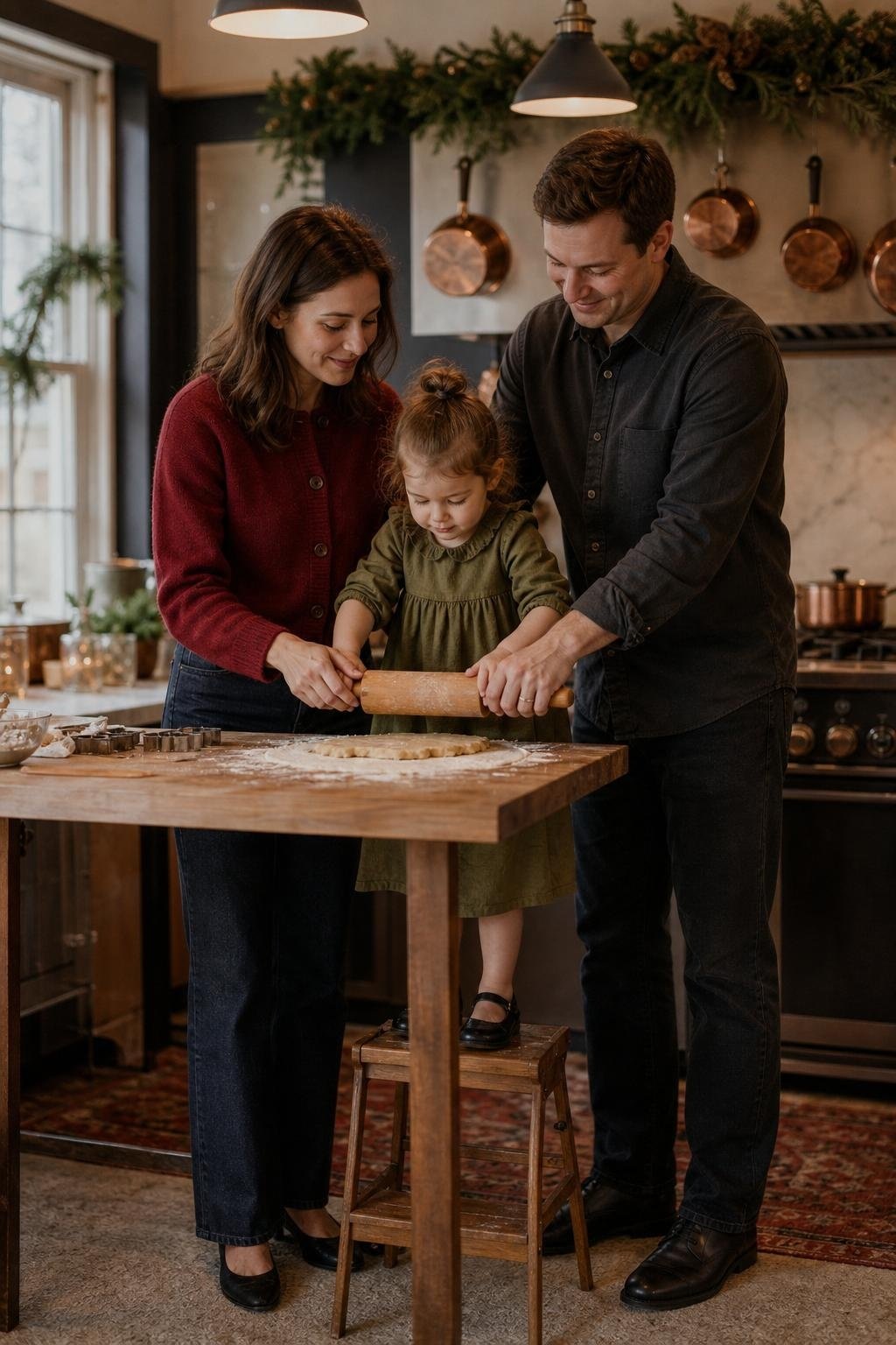 Ruby cardigan, washed black jeans, olive cotton dress, black Mary Janes in a festive kitchen scene (option 1)