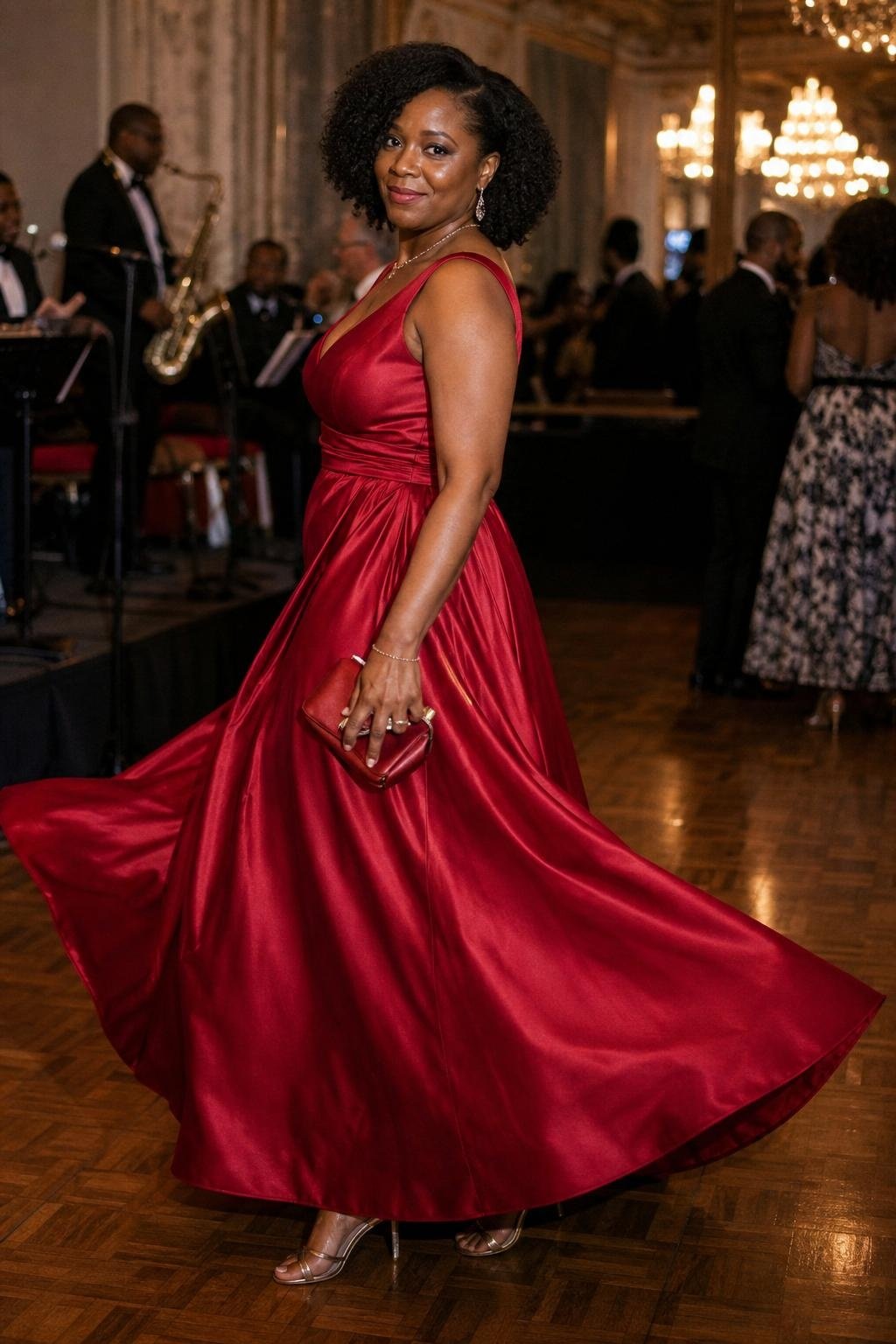 Ruby red A-line gown, nude-toned metallic sandals, satin clutch, festive ballroom dance floor (option 2)