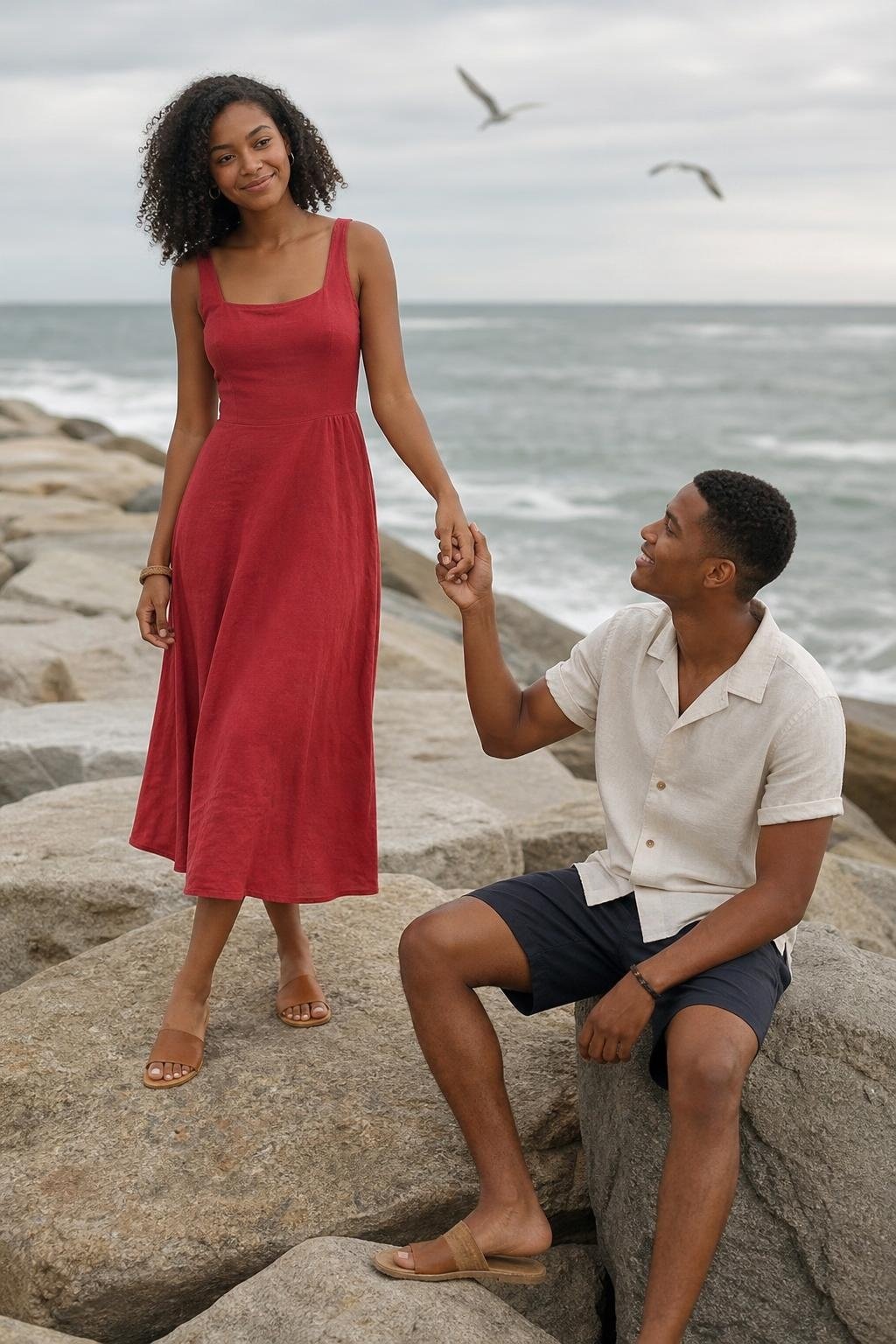 Ruby sleeveless dress, oatmeal linen shirt, soft navy shorts, espadrille sandals, classic beach jetty photos (option 1)