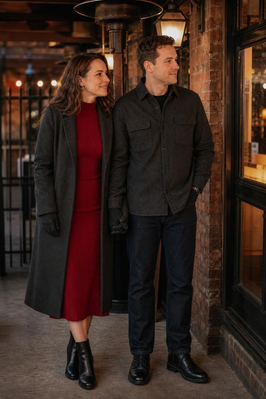 Ruby sweater dress with charcoal overcoat, black ankle boots, charcoal knit overshirt and dark jeans, cozy corner restaurant (option 1)