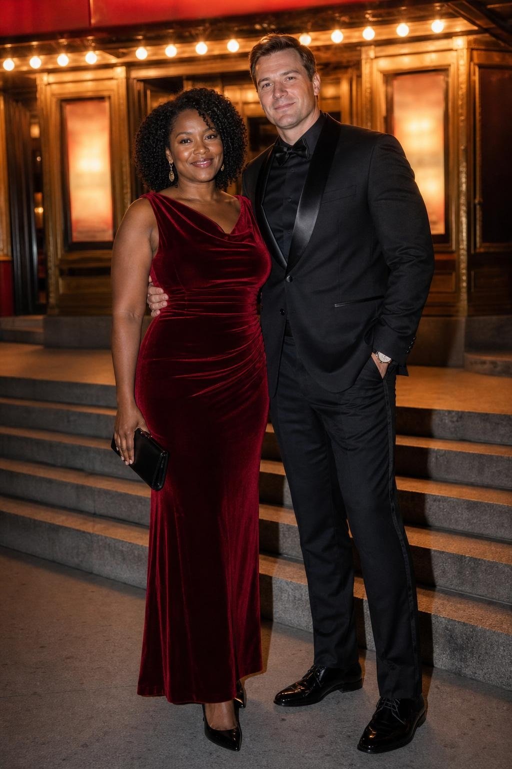 Ruby velvet dress with black tux jacket, satin lapels, patent shoes, formal theater entrance mood (option 2)