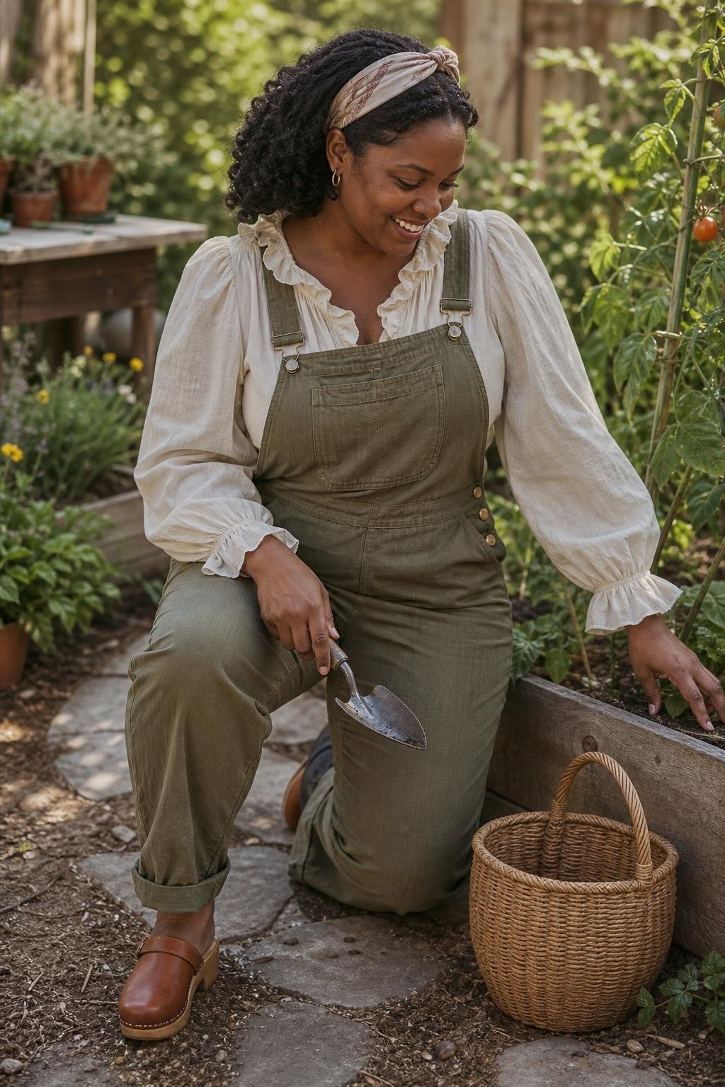 Ruffled cream blouse under relaxed olive overalls with clogs in a backyard garden, useful playful cottage outfit (option 2)