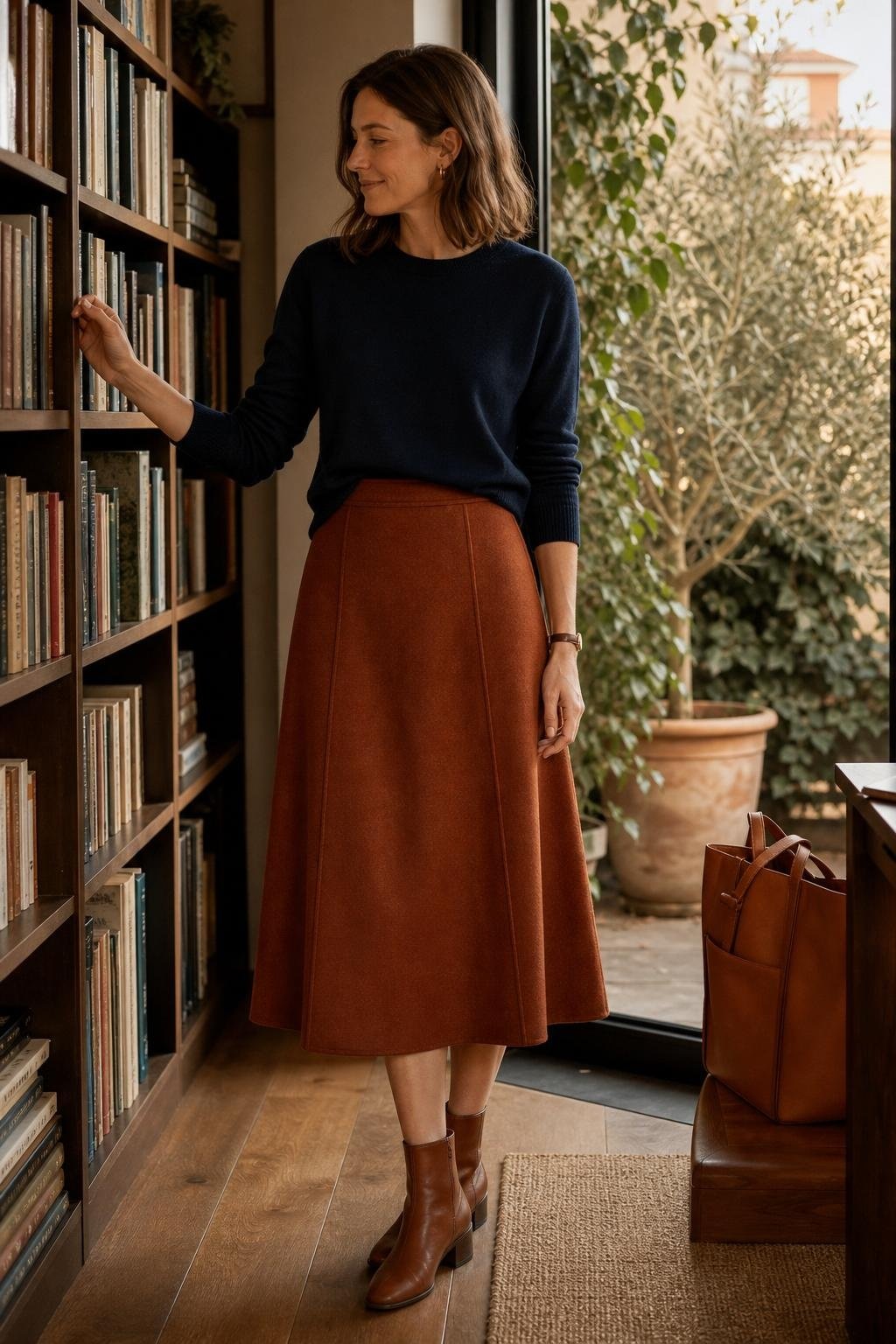 Rust A-line midi skirt, navy crewneck sweater, cognac ankle boots, book-lined office corner (option 1)