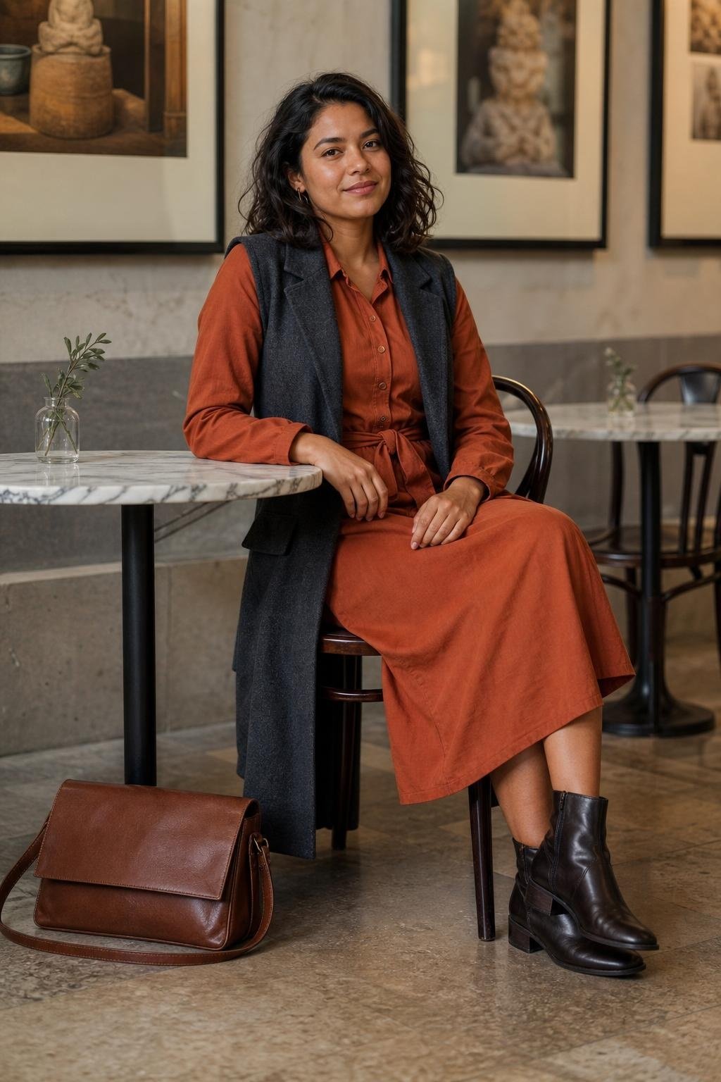 Rust belted shirt dress, charcoal longline vest, ankle boots, leather satchel, museum café mood (option 1)