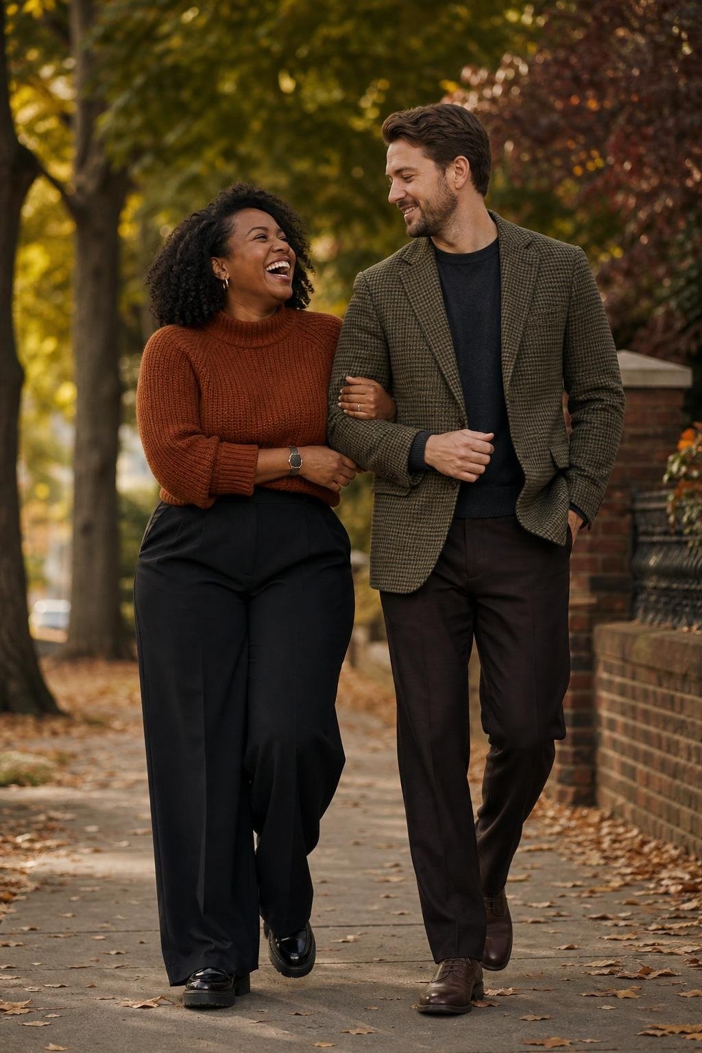 Rust brown knit sweater with black wide-leg pants and platform loafers on a tree-lined street (option 1)