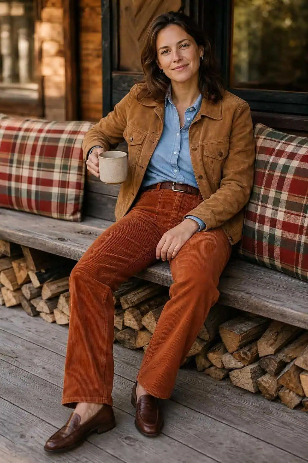 Rust corduroy pants, chambray button-down, tan suede jacket, brown loafers, rustic coffee shop scene (option 2)