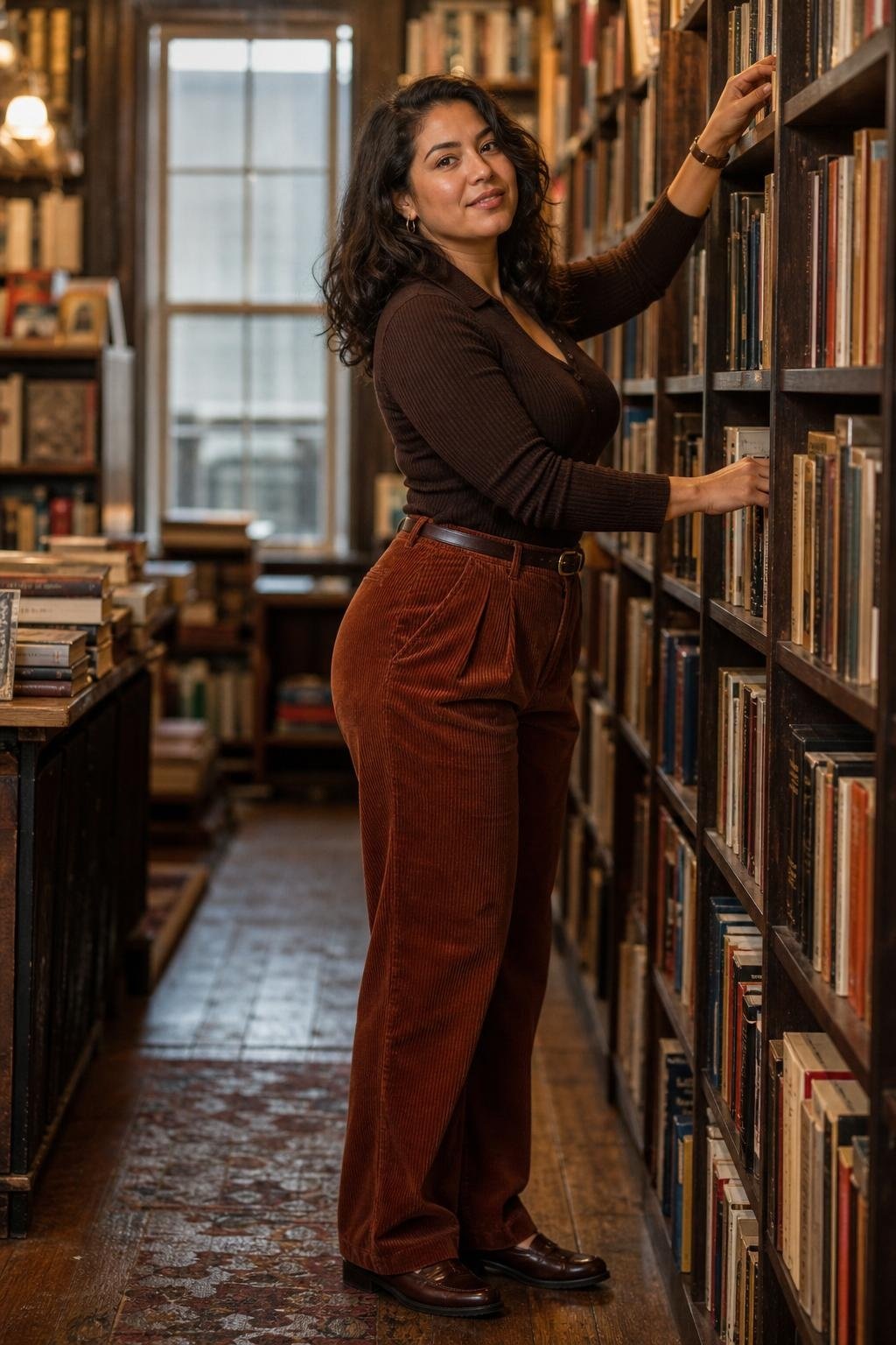 Rust corduroy trousers, dark brown ribbed knit polo, leather belt, loafers, quiet bookstore aisle (option 1)