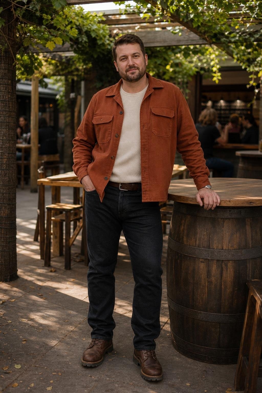 Rust flannel overshirt, washed black denim, oatmeal thermal tee, dark brown work boots, relaxed brewery afternoon (option 1)