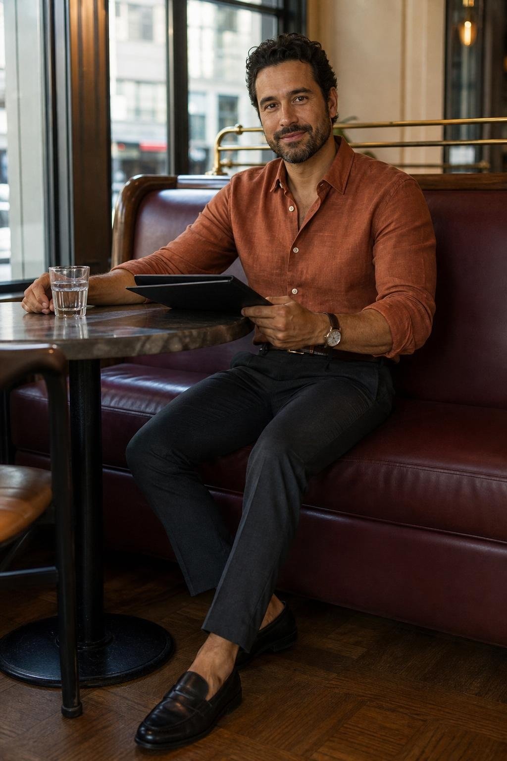 Rust linen button-down, charcoal lightweight trousers, black leather loafers, warm downtown lunch meeting (option 2)