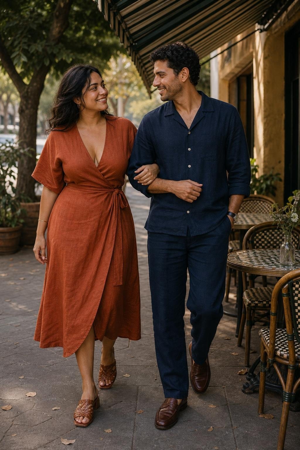 rust linen wrap dress with deep navy linen shirt and trousers at an outdoor bistro (option 2)