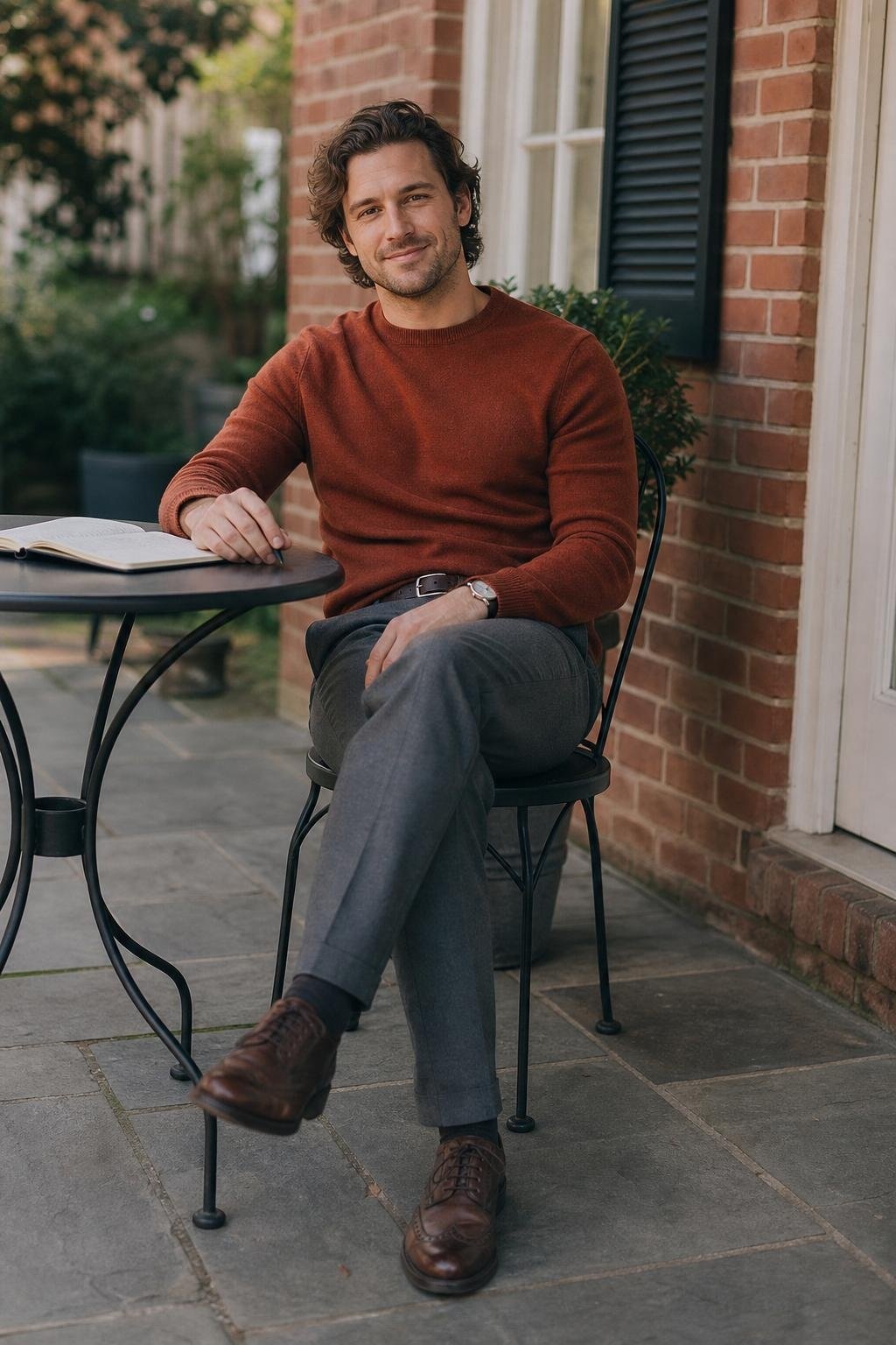Rust merino crewneck sweater, medium gray dress pants, dark brown brogues, relaxed desk-to-lunch setting (option 2)
