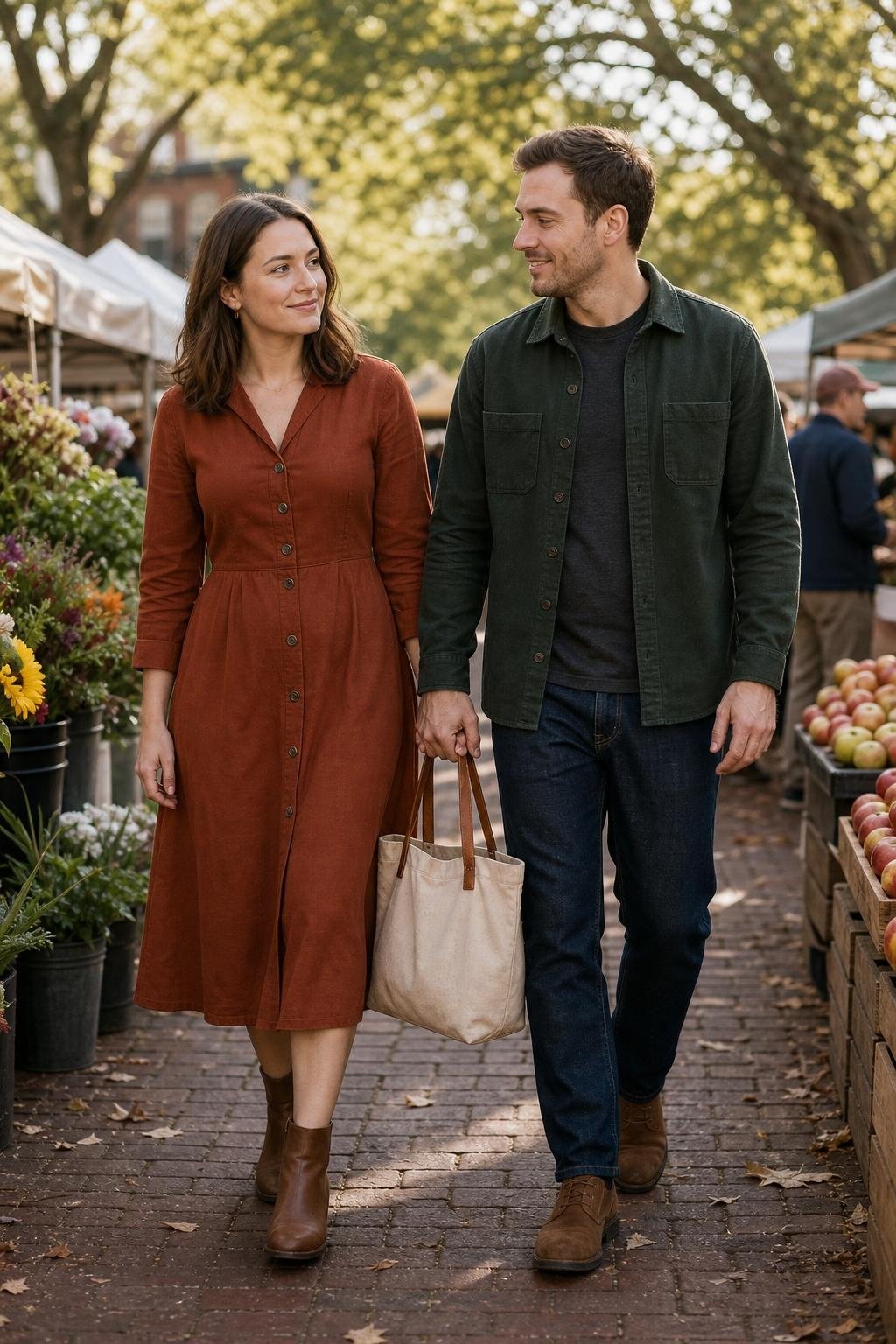 Rust midi dress with forest green overshirt, dark jeans, ankle boots, farmers market morning mood (option 2)