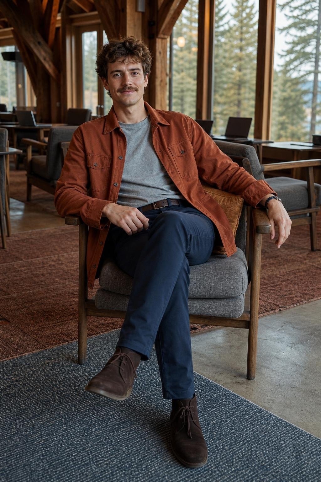 Rust overshirt, navy chinos, gray crewneck tee, desert boots in a coworking lounge (option 2)