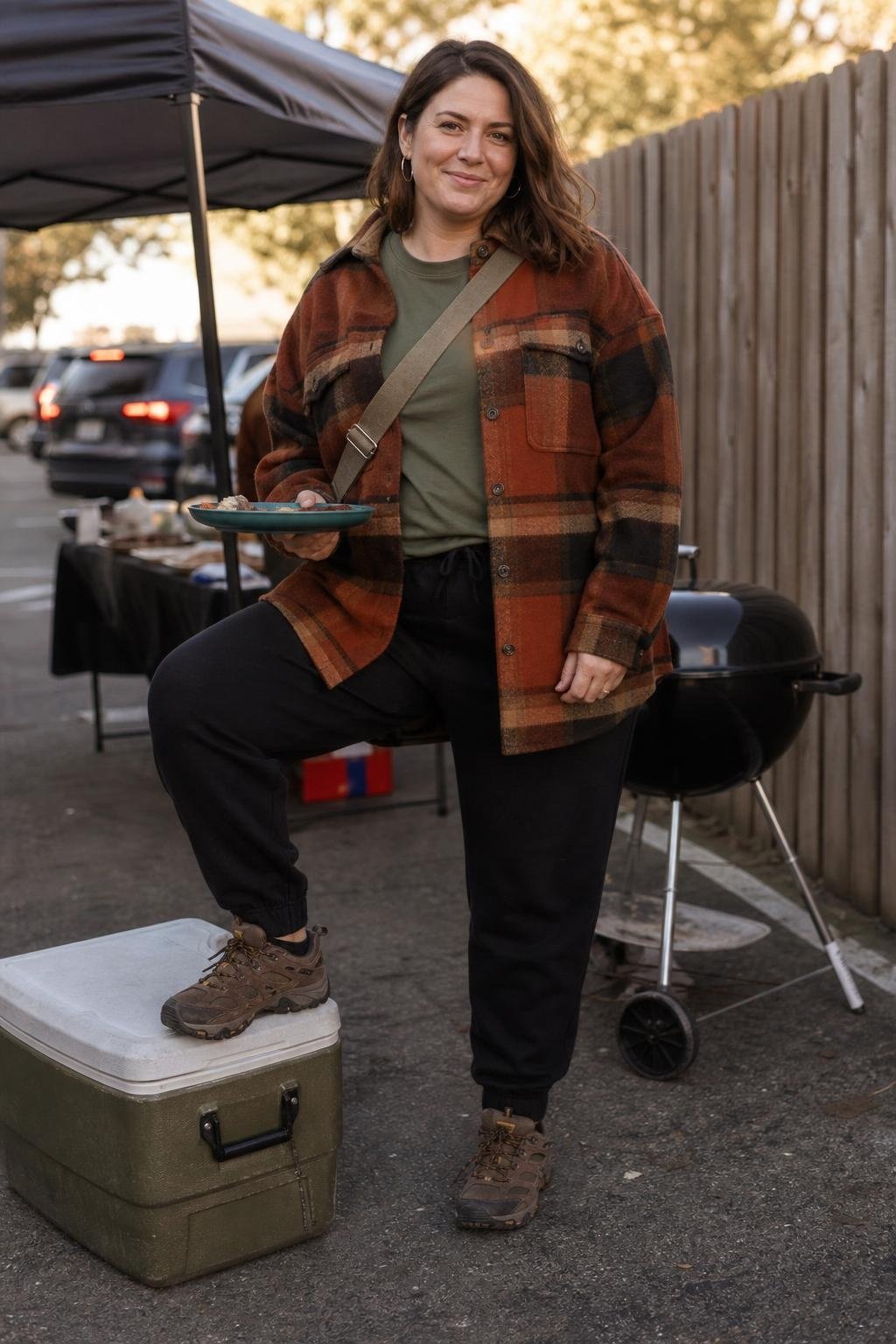 Rust plaid shacket, black joggers, olive tee, brown hiking sneakers, relaxed parking lot tailgate (option 2)