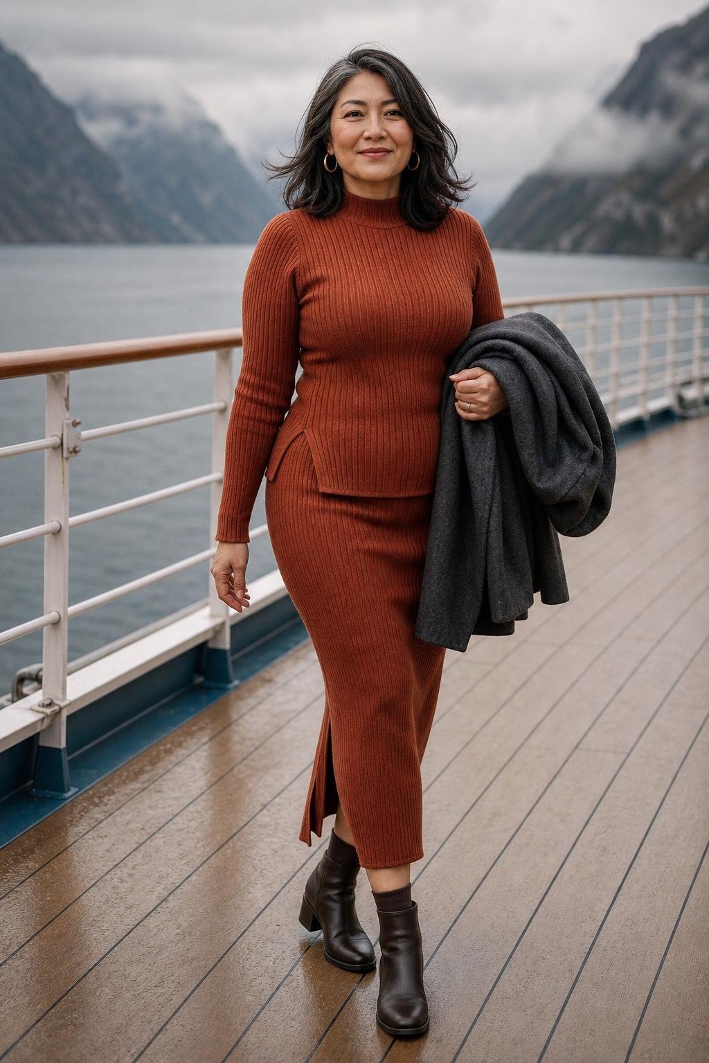 Rust ribbed knit matching set with ankle boots on a crisp northern cruise deck (option 2)