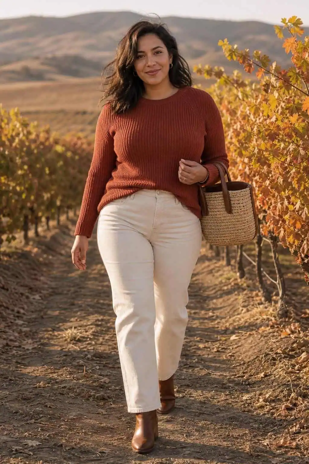 Rust ribbed sweater, cream straight jeans, brown ankle boots, woven bag, sunny fall vineyard path (option 2)