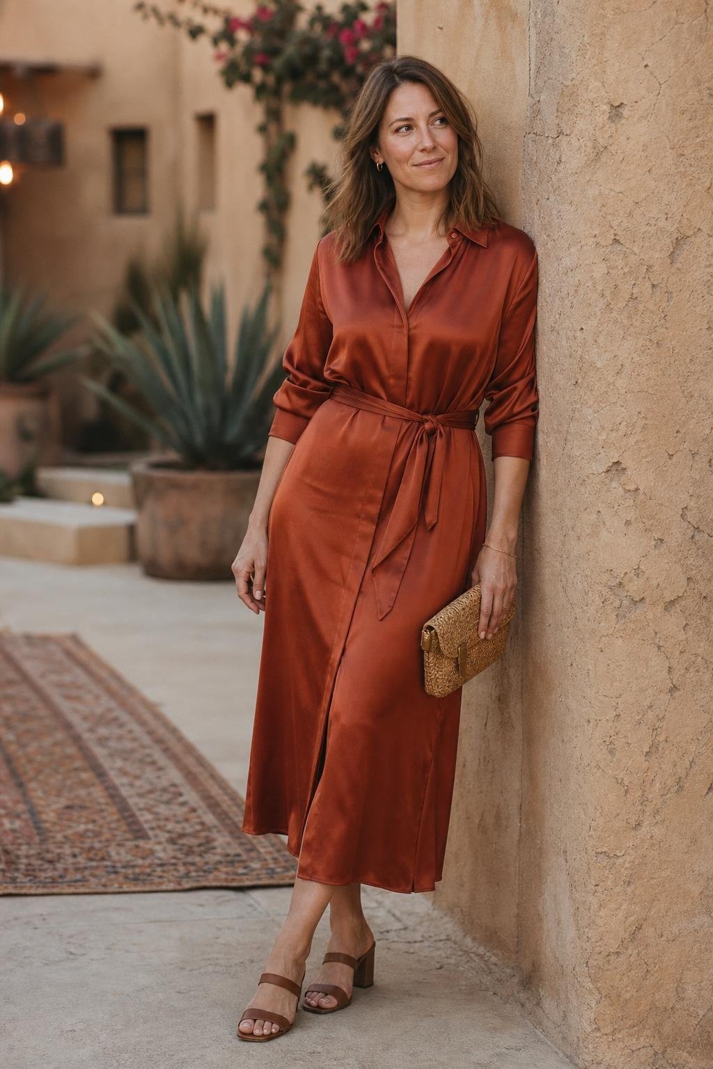 Rust satin shirt dress with brown heeled sandals at a desert-inspired outdoor wedding (option 1)