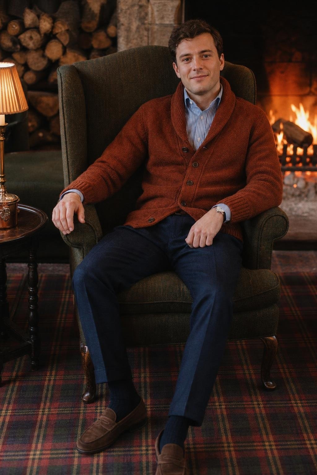 Rust shawl cardigan, navy wool trousers, blue striped shirt, brown suede loafers, fireside inn corner (option 2)