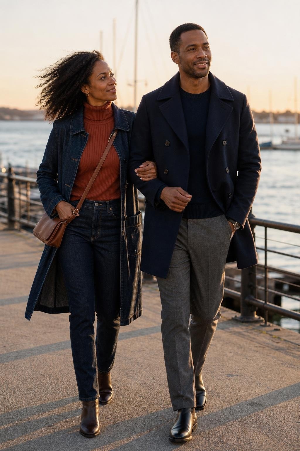 Rust turtleneck sweater with dark denim, navy peacoat, navy sweater and gray trousers, breezy waterfront promenade (option 1)