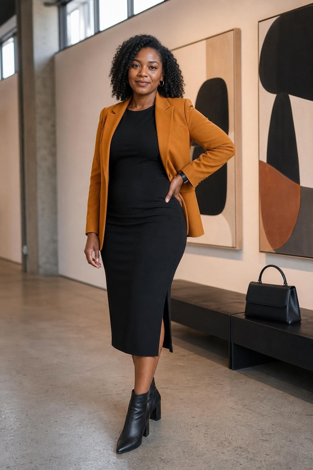 Saffron blazer, black sleeveless midi dress, black ankle boots, modern office gallery wall (option 2)