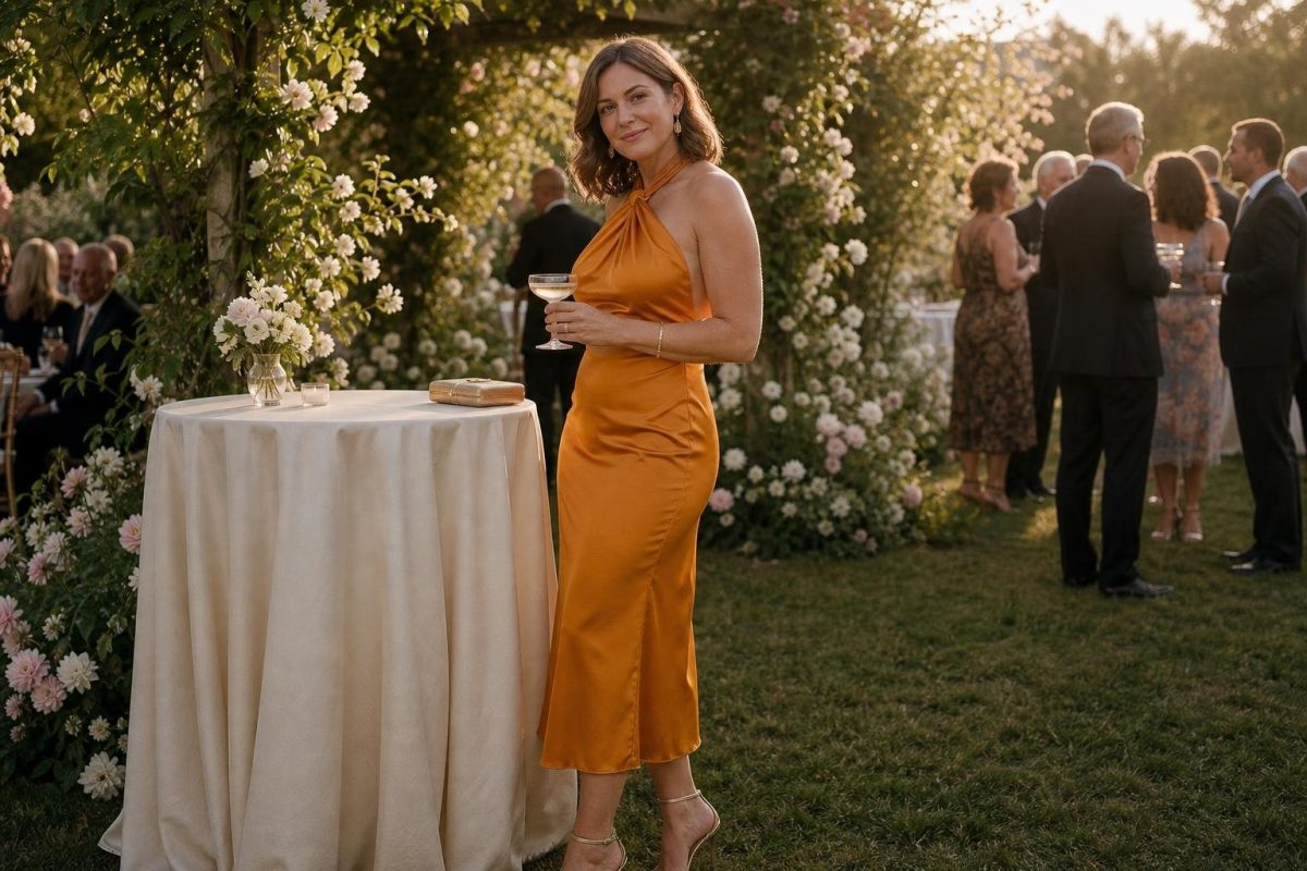 Saffron silk halter midi dress with gold sandals at a garden wedding cocktail hour (option 1)
