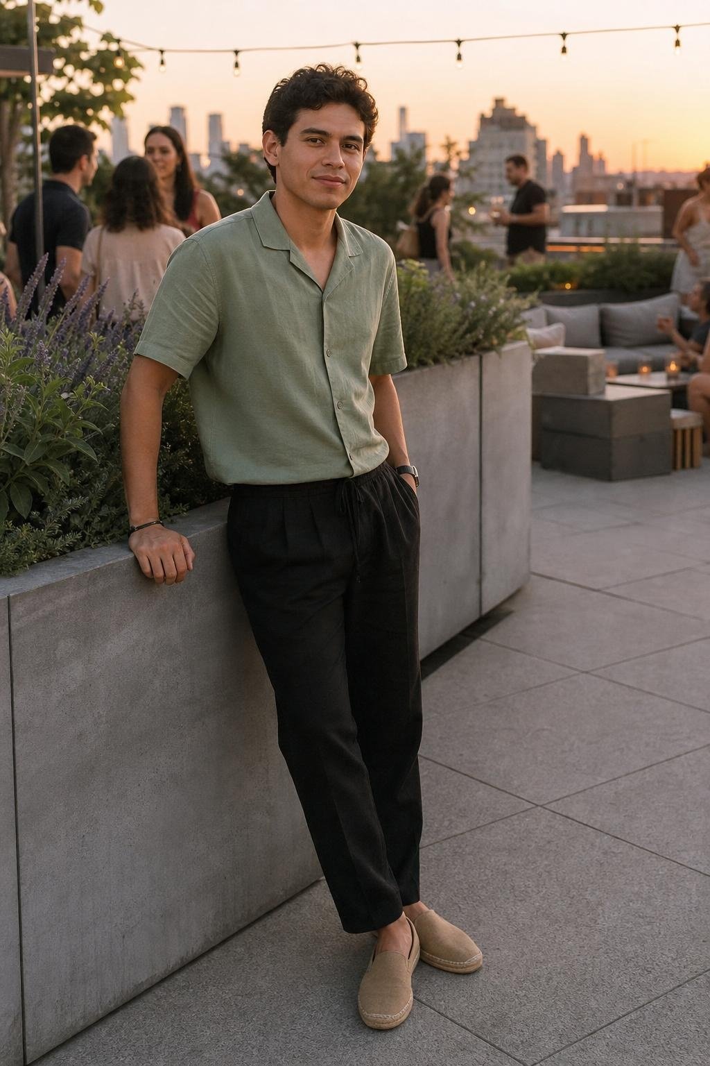 Sage camp collar shirt, black linen pants, tan espadrilles, relaxed summer rooftop gathering (option 1)