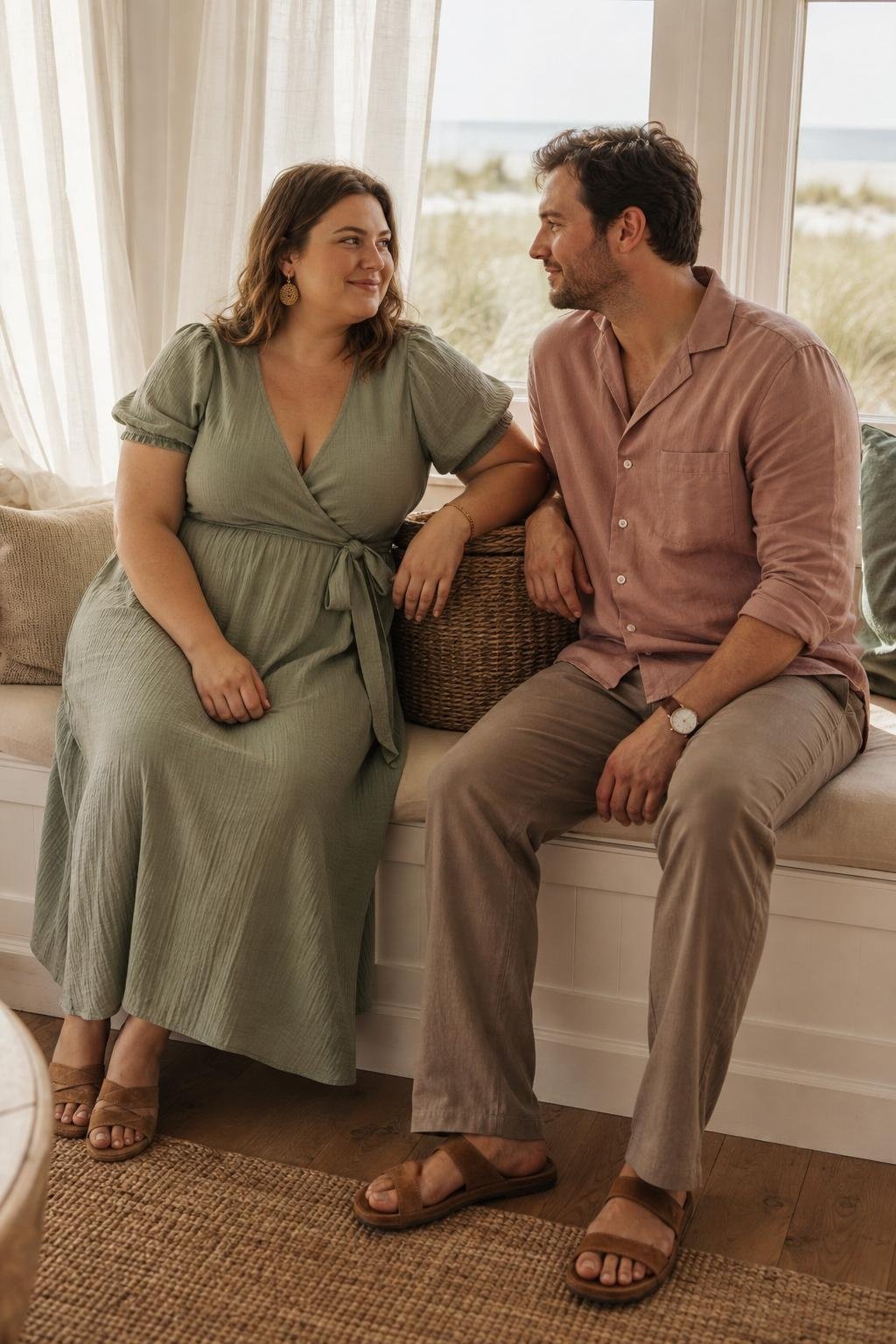 Sage gauze dress, dusty rose blouse, warm taupe trousers, suede sandals, quiet beach grass portrait setting (option 2)