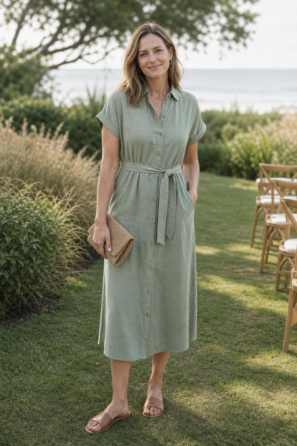 Sage green belted shirt dress with tan slides on a casual garden-to-beach ceremony lawn (option 1)