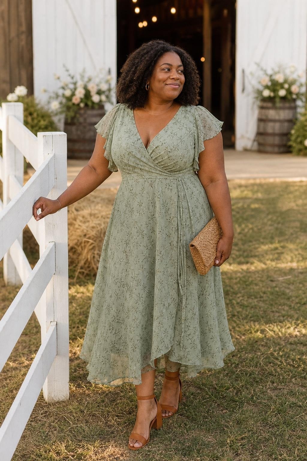 Sage green chiffon midi dress with tan block heels beside a rustic barn (option 2)