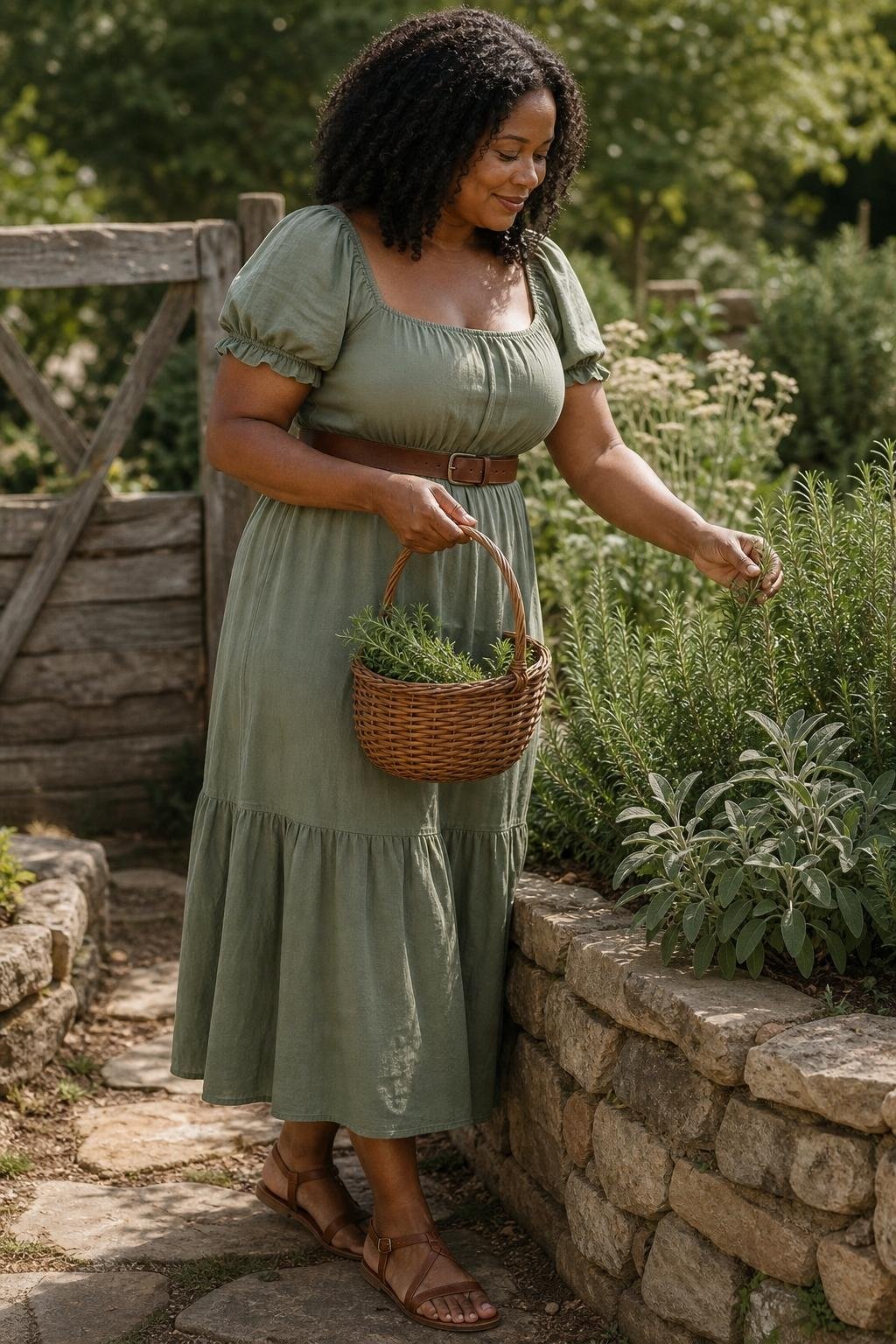 Sage green cotton dress with brown leather belt, sandals, and basket bag in an herb garden, earthy cottage summer mood (option 1)