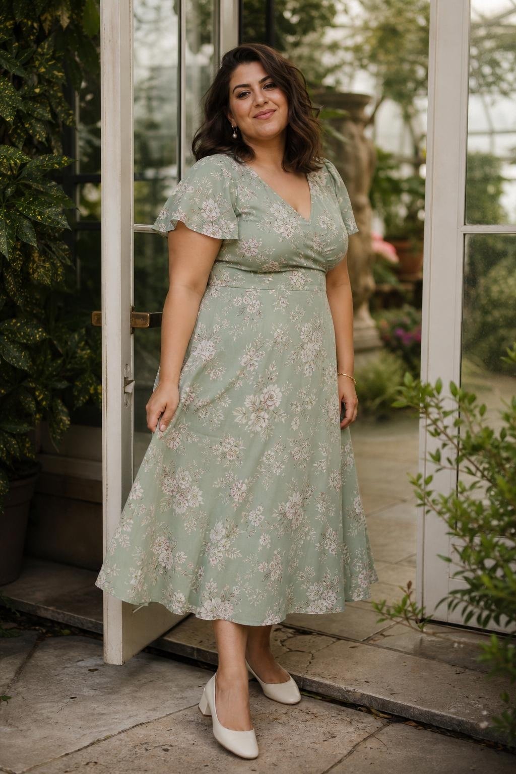 sage green floral midi dress with ivory low heels at a botanical garden wedding (option 2)